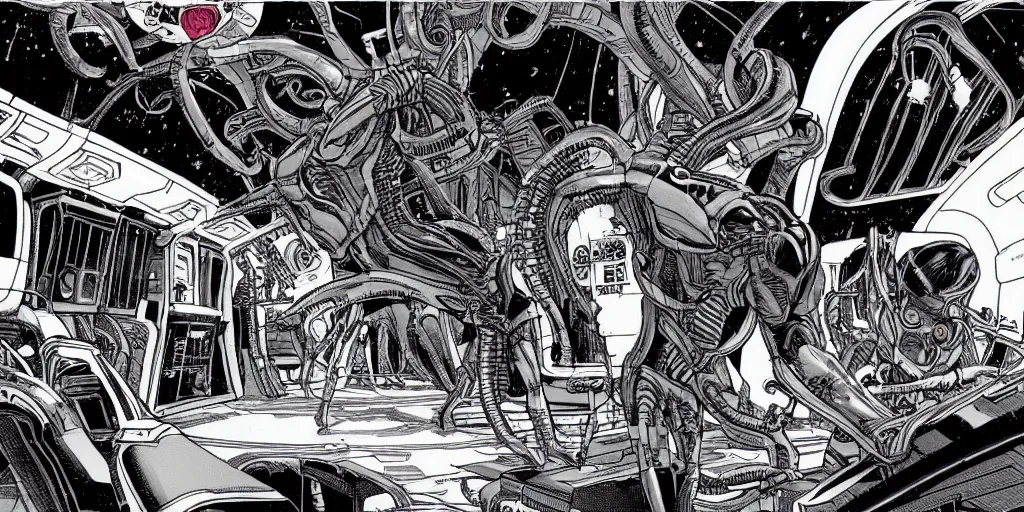 Prompt: wide angle illustration view of a xenomorph chasing a woman with black hair and biomech suit inside a spaceship with many screens and dials drawn by Moebius and Ron Cobb
