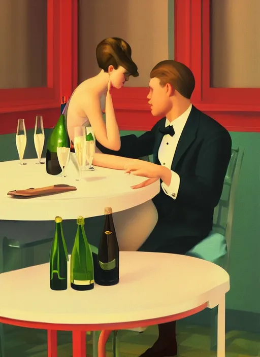 Prompt: a couple drinking champagne, romantic vintage style poster by Edward Hopper and James Gilleard, 8k, octane render, ultra sharp, detailed digital art