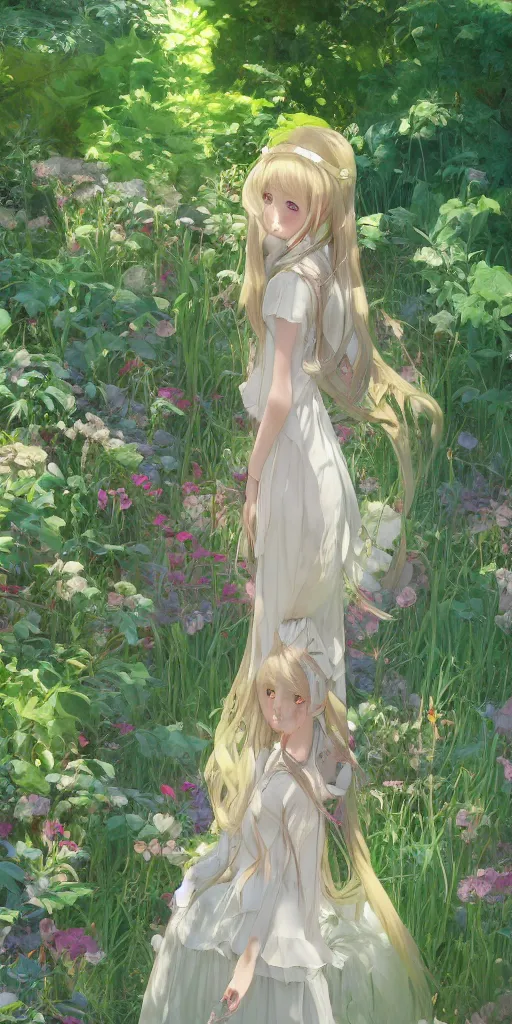 Image similar to a digital art of a loli with long hair in a dress in the privet garden at after noon, green and warm theme, back lighting, by krenz cushart and mucha and akihito yoshida and greg rutkowski and makoto shinkai, extremely long shot, detailed eyes, 4 k resolution, trending on art station