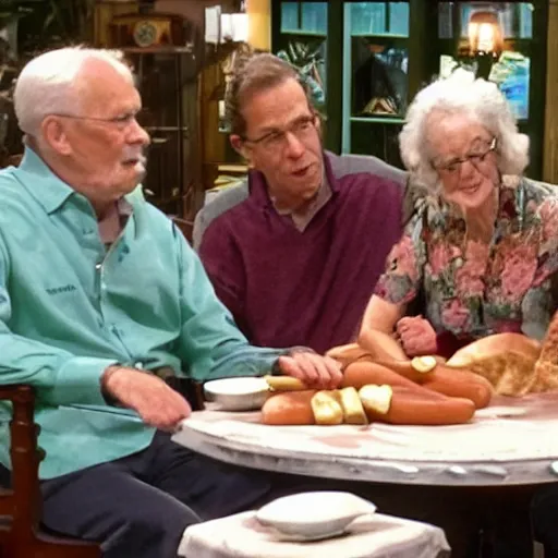 Image similar to a movie still from the antiques roadshow, old people discussing a priceless hot dog, uhd, 8k,