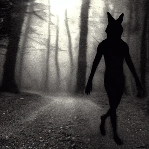 Image similar to bad quality blurry nightfootage nightcam black and white trailcam footage of native weird distorted human body Skinwalker transforming into a coyote, low resolution, compressed