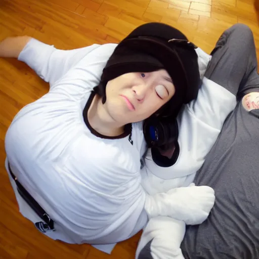 Image similar to pov, gopro footage, fisheye lens, hugging my waifu pillow