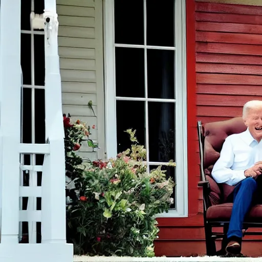 Prompt: joe biden sitting in a rocking chair on a porch with a shotgun in his lap