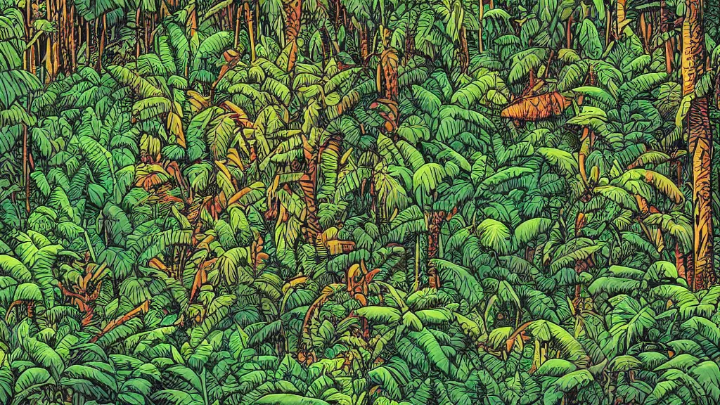 Image similar to a dense amazon rainforest jungle by dan mumford