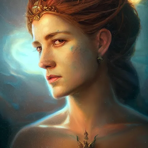 Image similar to majestic gracious regal seductive deity mater theia portrait, ancient greece, atmospheric lighting, painted, intricate, volumetric lighting, beautiful, rich deep colours masterpiece, golden hour, sharp focus, ultra detailed, by leesha hannigan, ross tran, thierry doizon, kai carpenter, ignacio fernandez rios