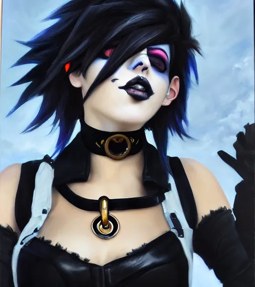 prompthunt: oil painting of tracer overwatch in a field wearing large  leather belt choker around neck, in style of mark arian, expressive face,  detailed face, detailed eyes, full body, feminine face, tracer