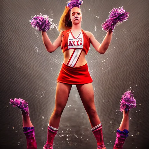 Prompt: full body pose, hyperrealistic mixed media painting of a cheerleader, dim volumetric lighting, 8 k, octane beautifully detailed render, extremely hyper detailed, intricate, epic composition, cinematic lighting, masterpiece, trending on artstation, very very detailed, masterpiece, stunning, hdr, smooth, sharp focus, high resolution, award, winning photo, dslr, 5 0 mm