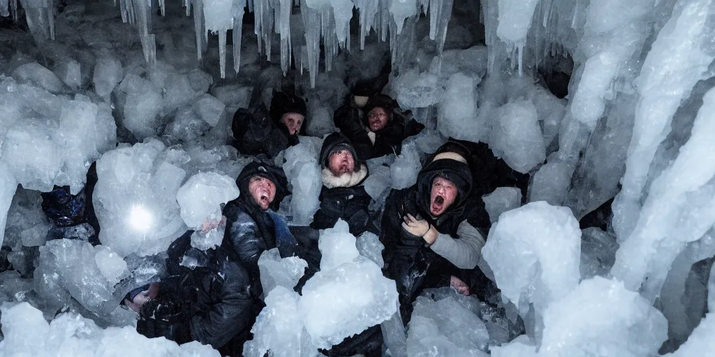 Prompt: people stuck suspended in ice inside a cold cave