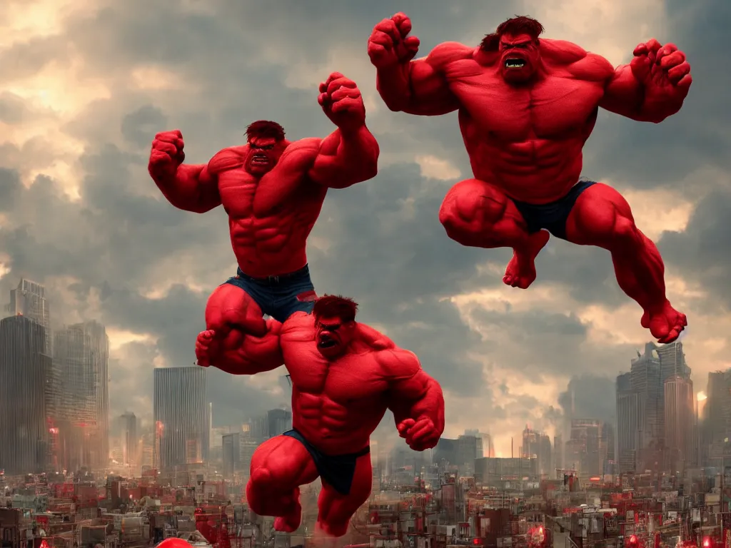 Image similar to Red Hulk invading a large city, epic composition, large scale, octane render, digital art, sharp focus, trending on artstation, action pose