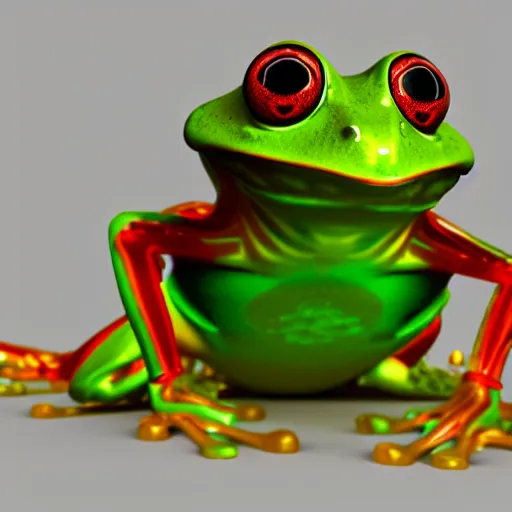 Prompt: a biomechanical green tree frog made of jello, shiny, glowing eyes, octane render