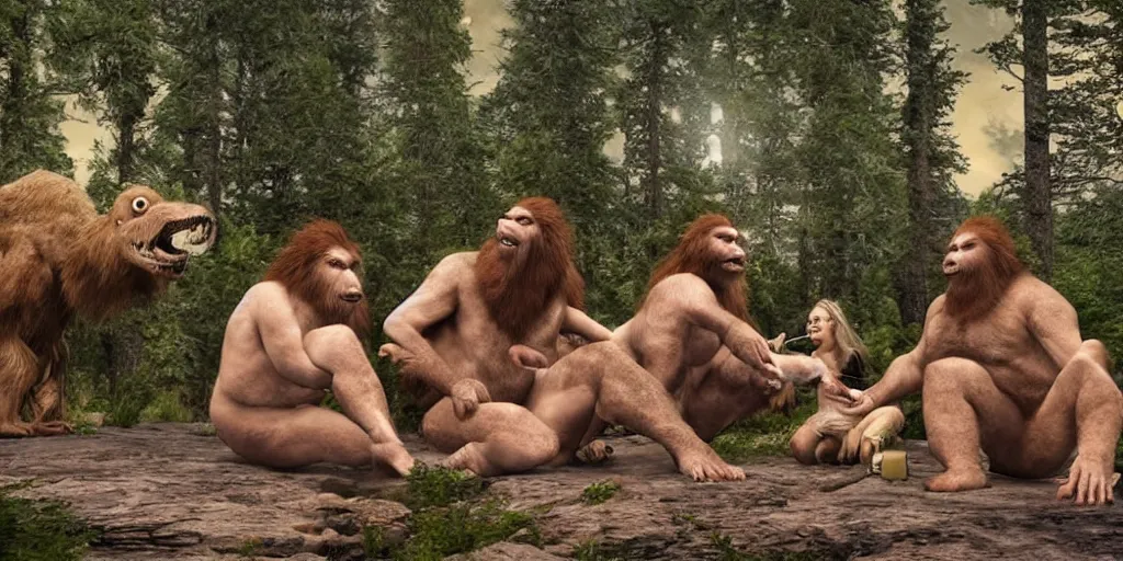 Image similar to ultra realistic photo, three hairy fat neanderthal people, emma!! watson!!, eating outside, surrounded by dinosaurs!, gigantic forest trees, sitting on rocks, bright moon, birthday cake on the ground, front view