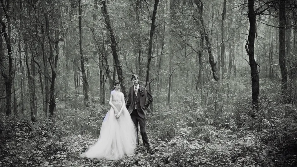 Image similar to surreal atmospheric vogue wedding photography in a forest by paolo roversi, realistic