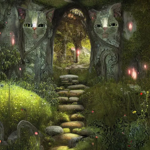 Image similar to ancient overgrown ruins, medieval gates, runestones, mysetrious etherial mesmerizing runic!! cat eyes!!!!, magical elven geometry, concept art by gustav klimt!, deviantart contest winner, environmental art, high detail