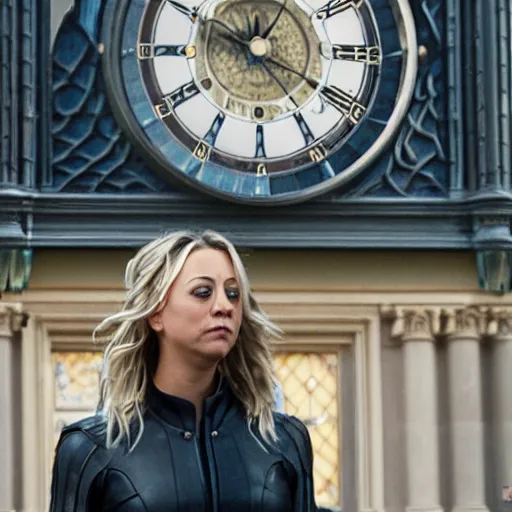 Prompt: A detailed film still of Kaley Cuoco under the Eastgate clock in Chester. Behind her we see a black panther. 70mm