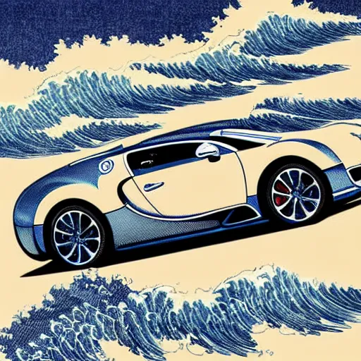 Image similar to Bugatti veyron driving on the Pacific ocean, highly detailed, intricate, in the style of hokusai