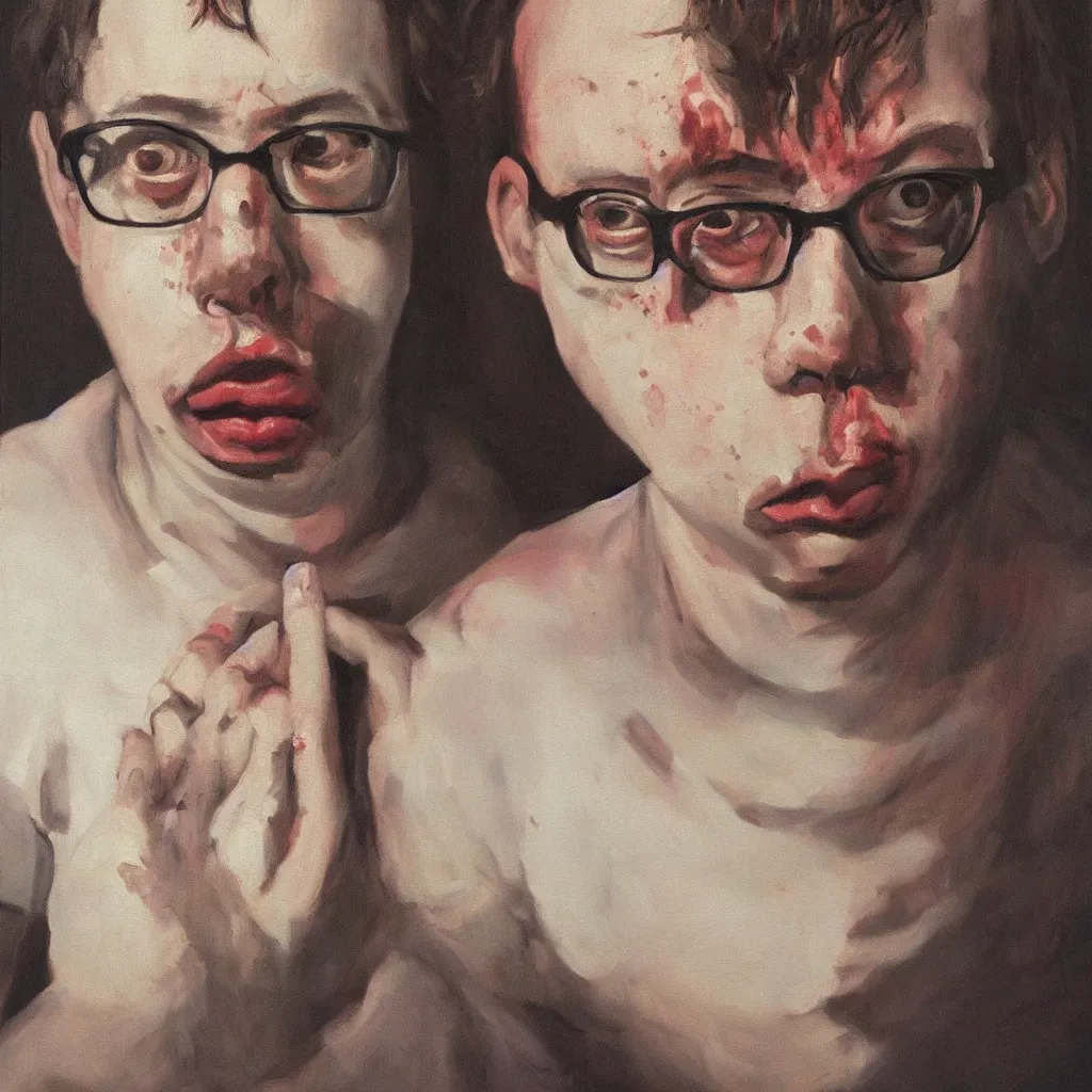 Image similar to oil painting by christian rex van minnen portrait of todd solondz age 2 5, extremely bizarre disturbing, intense chiaroscuro lighting perfect composition masterpiece intense emotion