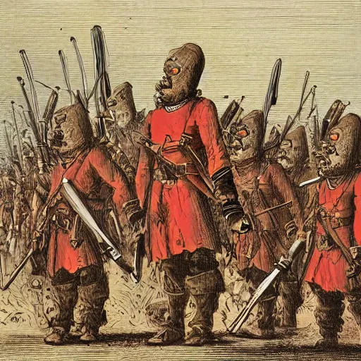 Image similar to 3 footsoldiers stand against a horde, illustration, beautiful