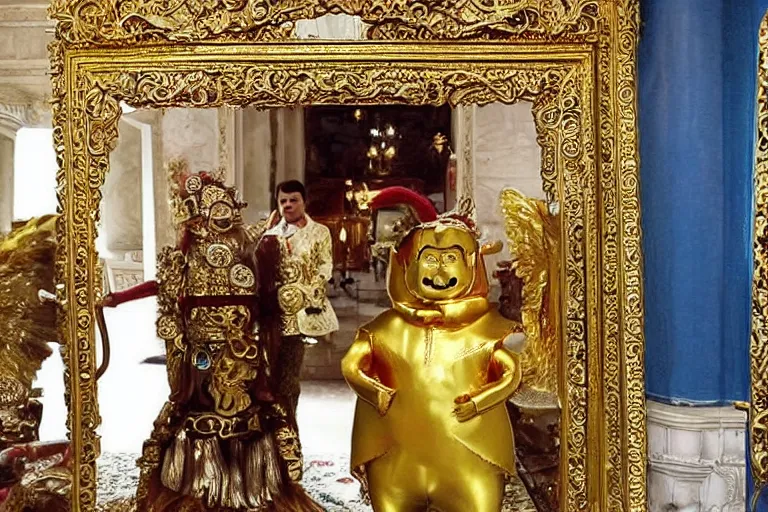 Image similar to el chapo is a genie standing in the middle of a grandiose mexican mansion. everything is made out of gold. the mansion is incredible and ornate. chapo has a clockwork chain. there are princesses and queens everywhere around him because they love him. wearing a genie costume. lovely scene of a genie being a pimp
