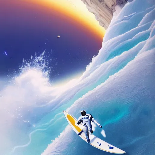 Image similar to a beautiful digital painting of an astronaut in a white and royal blue luxurious space suit surfing a tsunami on a chic surfboard at Pamukkale, thermal waters flowing down gold travertine terraces by greg rutkowski, award winning photo, trending on artstation, highly detailed, unreal engine, octane render