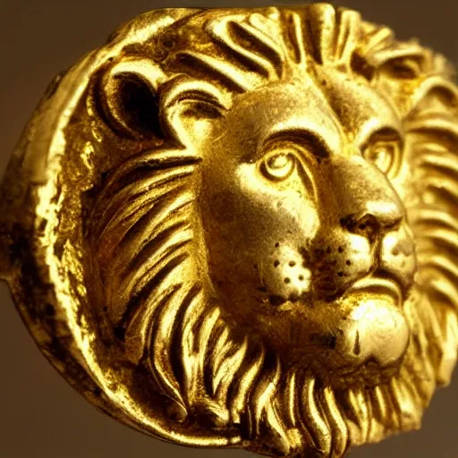 Prompt: an ancient roman gold coin with the face of a lion, close up photo, ultra realistic, studio photo, bokeh. intricate details.