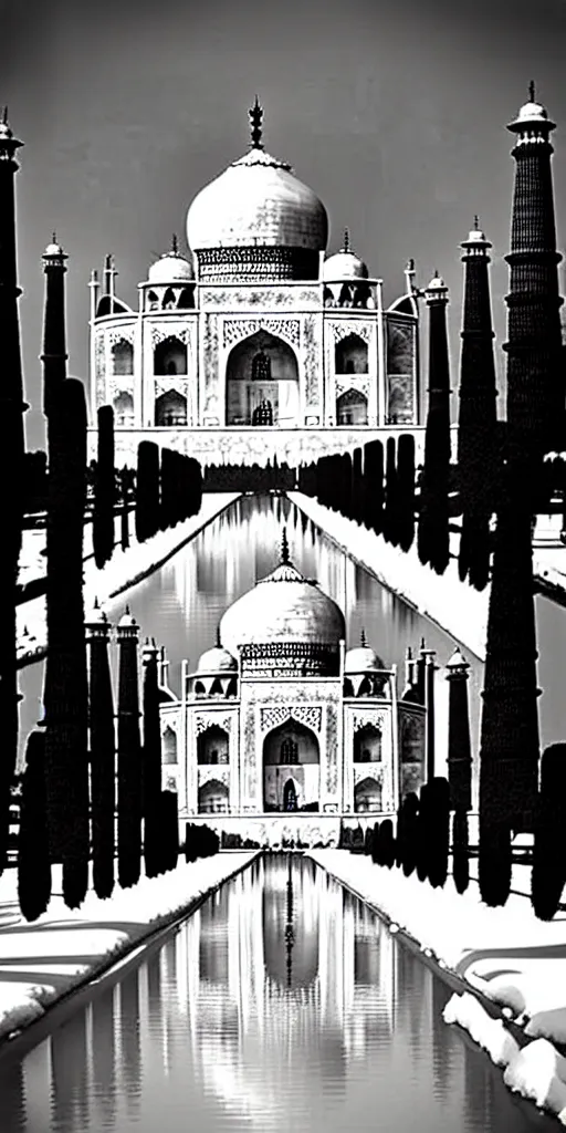 Prompt: taj mahal in the snow, photograph,