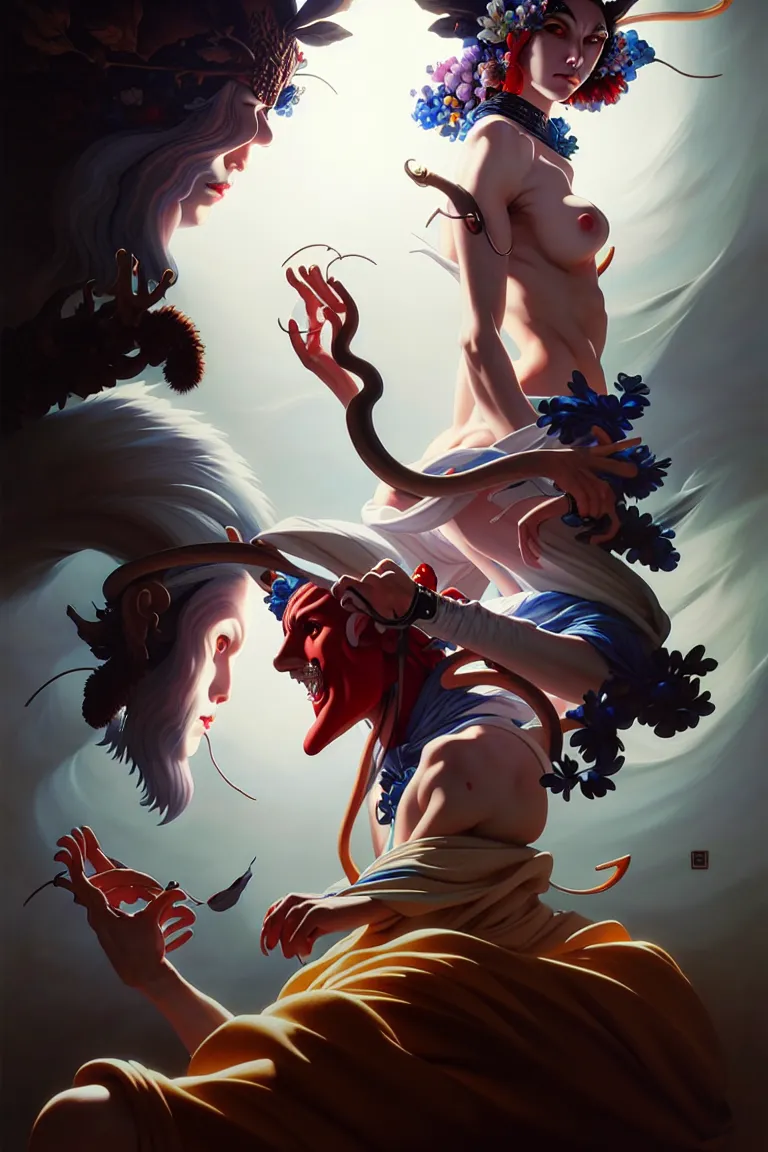 Image similar to beautiful priness mononoke, three point lighting, dramatic lighting, high details, 4k, 8k, best, accurate, photorealism, ultrarealistic, digital painting, style of Peter Mohrbacher, Caravaggio, Dali, Boris Vallejo, Hajime Sorayama