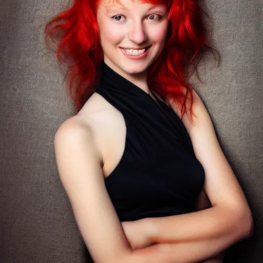 Prompt: young pretty girl with red hair smiling seductively at the camera, award winning portrait photo by annie liebowitz