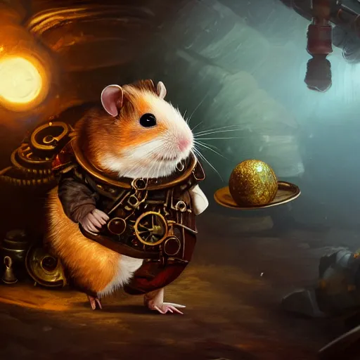 Prompt: oil painting of anthropomorphized hamster looking at shiny ruby, steampunk clothes, close shot, full body, dark steampunk mine shaft background, sharp focus, fantasy style, octane render, volumetric lighting, 8k high definition, by greg rutkowski, highly detailed, trending on art Station, dungeons and dragons artwork, centered