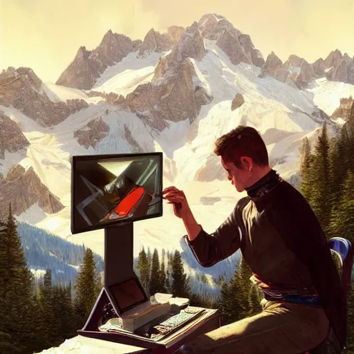 Prompt: male dj mix his music in front of the crowd on the Alps mountains, highly detailed, digital painting, artstation, concept art, sharp focus, illustration, art by artgerm and greg rutkowski and alphonse mucha and Norman Rockwell,