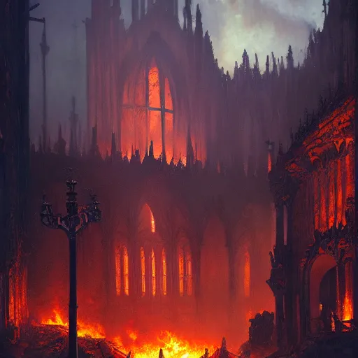 Prompt: burning cathedral ruins, by Andreas Rocha + Ted Nasmith, dark, cinematic lighting, masterpiece, highly detailed, 8k resolution, trending on art station