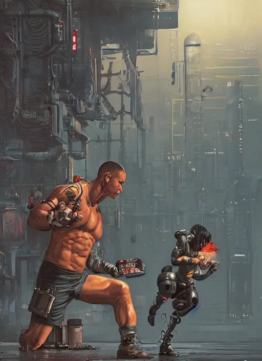 Image similar to Dumb Thug. Buff cyberpunk meathead fighting a small robot. Realistic Proportions. Epic painting by James Gurney and Laurie Greasley. Moody Industrial setting. ArtstationHQ. Creative character design for cyberpunk 2077.