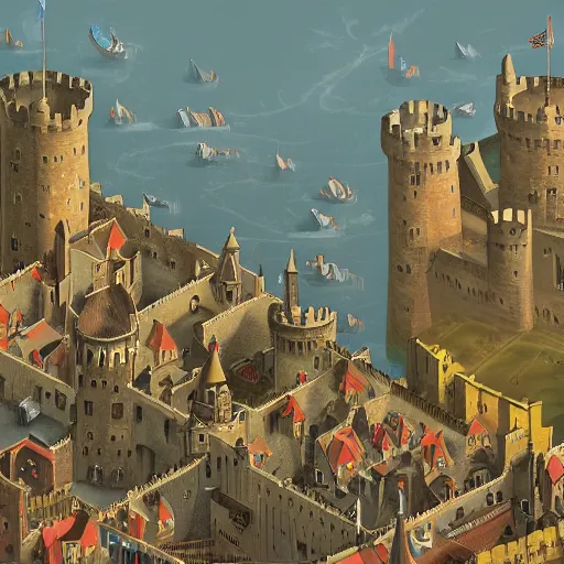 Image similar to an isometric view of crowded medieval castle in the middle of england, illustration, art, hyper detailed, foggy, cinematic