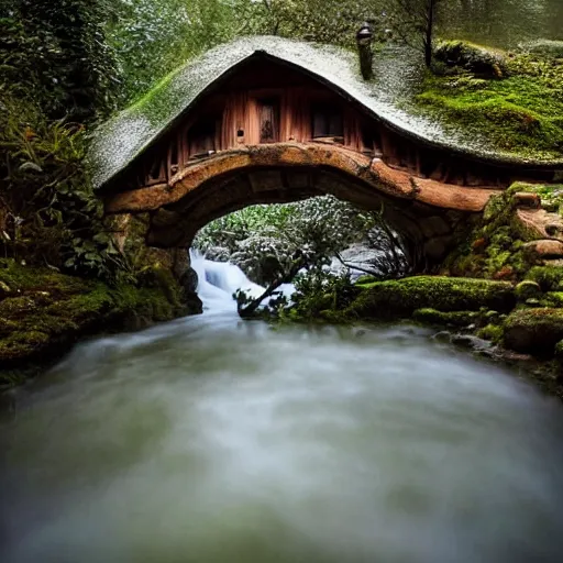 Image similar to inside a medieval hobbit home, ornate, beautiful, atmosphere, vibe, mist, smoke, chimney, rain, wet, pristine, puddles, waterfall, melting, snow, creek, lush, ice, bridge, forest, flowers, james jean