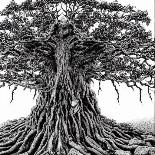 Prompt: Tree of Pain from Hyperion by Kentaro Miura, highly detailed, black and white