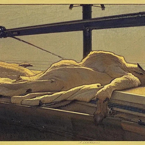 Prompt: a deer asleep on the deck of an aircraft carrier, mucha