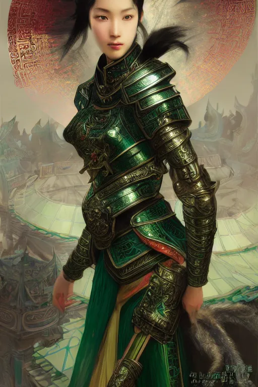 Image similar to portrait black hair young knights of Dynasty Warriors girl, metallic green armor, in ruined chinese palace, ssci-fi and fantasy, intricate and very beautiful and elegant, highly detailed, digital painting, artstation, concept art, smooth and sharp focus, illustration, art by tian zi and WLOP and alphonse mucha