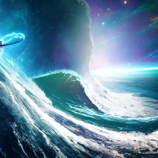 Image similar to photo of a alien surfing a surfboard on a crashing l wave of alien ocean in space, background is an alien galaxy, aliens in the background, alien colors, octane render, unreal engine, wide view, 8 k, high detaild