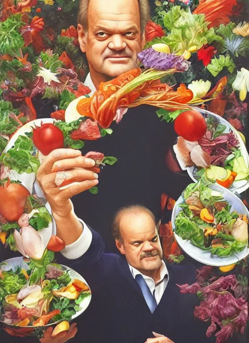 Prompt: ultrawide angle colour portrait masterpiece photography of kelsey grammer holding a tossed salad full body shot by annie leibovitz michael cheval miho hirano moebius josh kirb