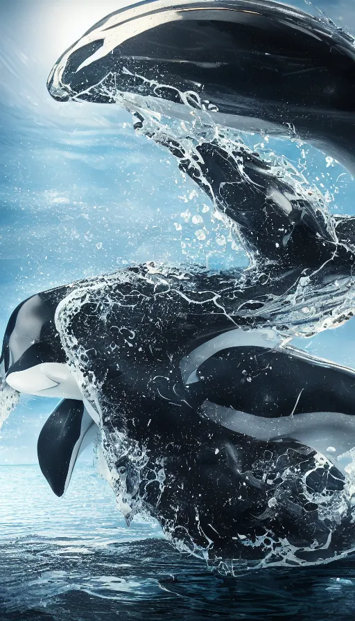 Prompt: color pentax photograph of a biomechanical orca spirit emerging from the sea, made up of bits of plastic and skin and metal, shiny, wet, made of nanomaterials, metallic, solarpunk, post apocalyptic, hyper realistic, epic angle, octane render, unreal engine render, 8k, super detailed, SLEEK!!