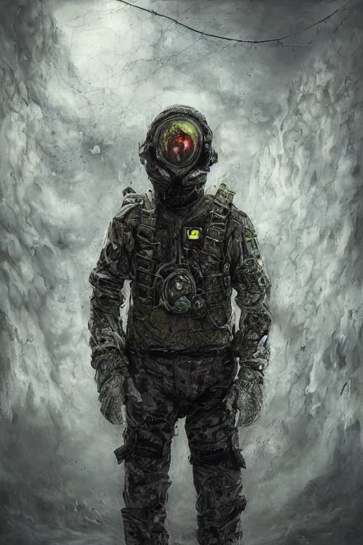 Prompt: the portrait of a man in a biohazard suit by mahmoud farshchian, mia brownell, very detailed, maximalism, ambient occlusion, volumetric light, atmospheric haze, hyper realism, realistic shading, cinematic composition, realistic render, photorealistic, wide shot