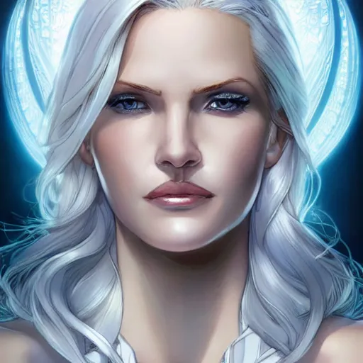 Image similar to portrait of emma frost, a beautiful woman in her 3 0 s with white blonde hair and blue eyes dressed in a fashionable white suit, detailed face, delicate features, smooth, sharp focus, graphic novel, art by artgerm and greg rutkowski and pepe larraz,