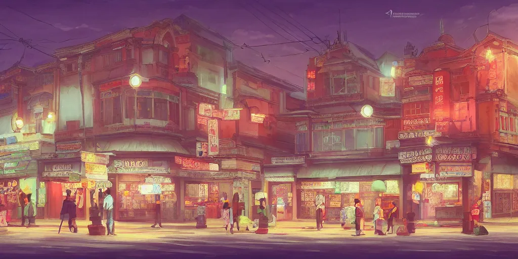 Prompt: little india sundry shop, old cinema, post office, evening, highly detailed matte painting, studio ghibli, artstation