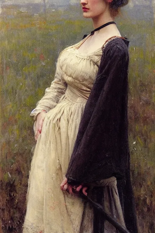 Prompt: Yvonne Strahovski by Solomon Joseph Solomon and Richard Schmid and Jeremy Lipking victorian genre painting full length portrait painting of a young beautiful woman traditional german barmaid in traditional costume