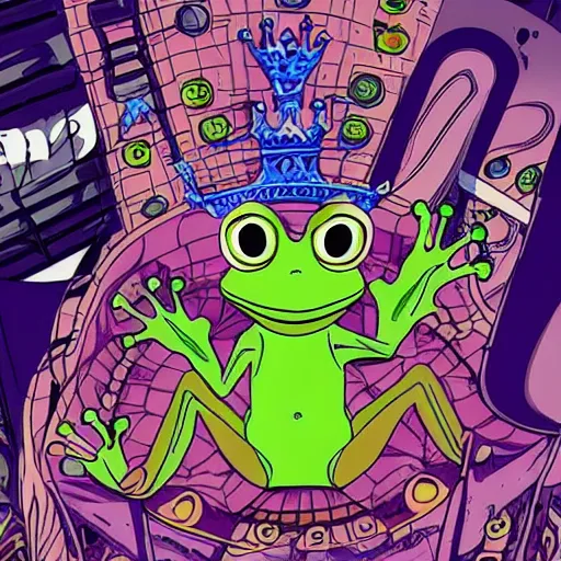 Image similar to frog with Queen's crown anime cyberpunk hyperdetailed