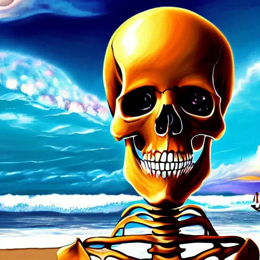 Prompt: Beautiful digital painting portrait of relaxed skeleton walking on the tropical beach with nuclear bomb explosion on the ocean in the background, high quality, trending on Artstation, highly detailed big nuclear explosion in the background, realistic, tropical color scheme, anatomically correct skeleton, high coherence, beautiful aesthetic lighting