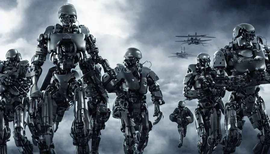 Image similar to big budget action movie about evil cyborgs fighting military robots.