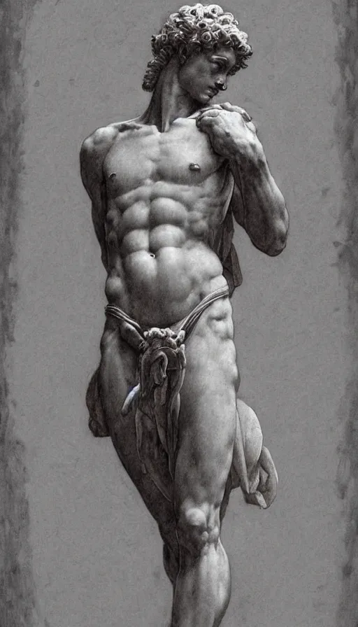 Image similar to Michelangelo\'s David, highly detailed, digital painting, artstation, concept art, smooth, sharp focus, illustration, ArtStation, art by artgerm and greg rutkowski and alphonse mucha and J. C. Leyendecker and Edmund Blair Leighton and Katsuhiro Otomo and Geof Darrow and Phil hale and Ashley wood and Ilya repin and Charlie Bowater