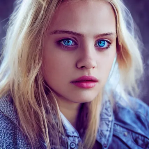 Image similar to portrait of blond girl who look like actor michael pitt green eyes hologram small lips