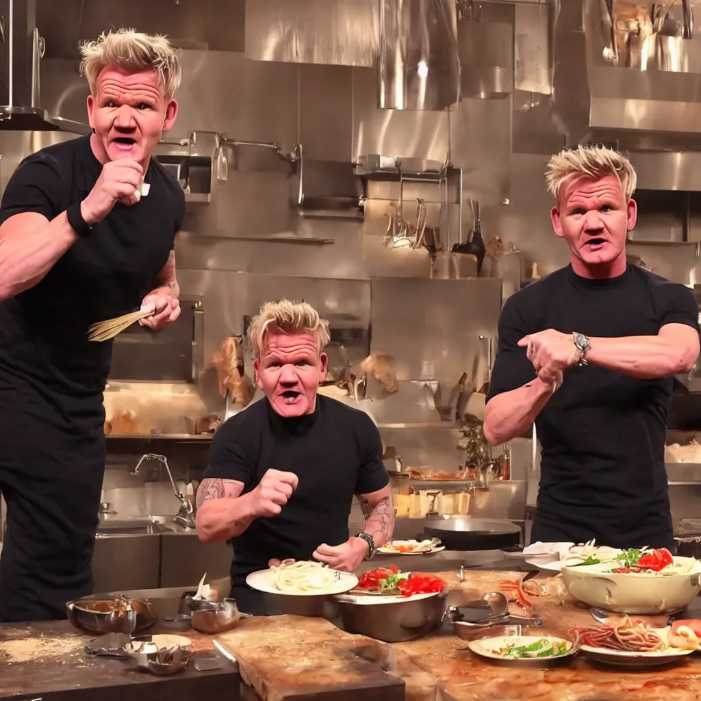 Image similar to gordon ramsay throwing spaghetti and yelling at eminem, cooking show, very detailed, realistic, 4 k, professional photography