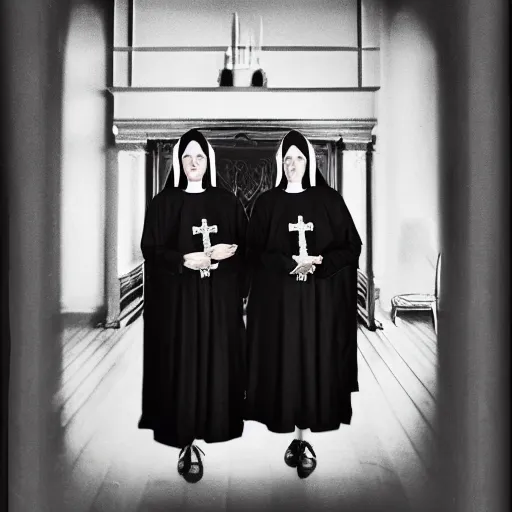 Prompt: award winning photo Floating twin nuns wearing pentgram necklace, Very long arms, in a sanctuary, eerie, frightening —width 1024 —height 1024